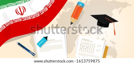 Iran education quality. University college test and exam with paper and pencil flag and map