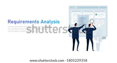 Requirement analysis in business or system development creating software requirement and specification describing user task in document with team