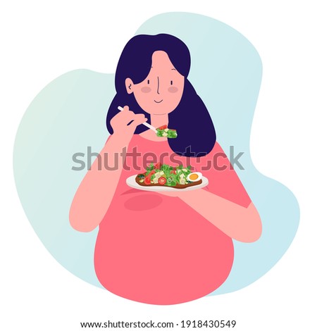 pregnant women eating healthy food salad with cartoon flat style vector design illustration