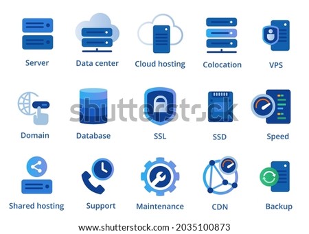web hosting service icon set from colocation server VPN shared to CDN and SSL Foto stock © 