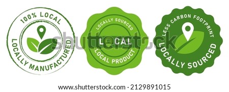 Local product locally manufactured icon stamp sticker emblem design of less carbon footprint leaf and pointer design in green 