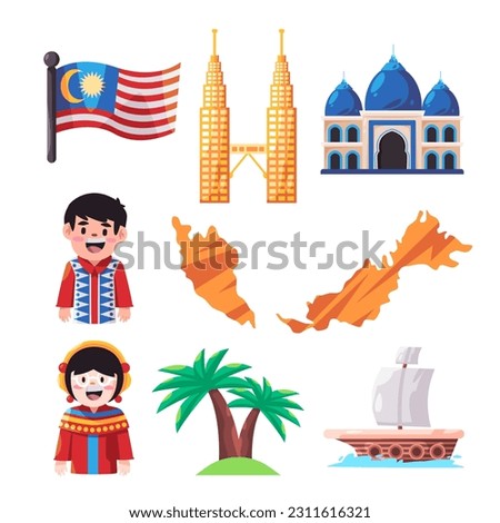 Malaysia icon set graphic man woman traditional clothes twin tower mosque map and flag