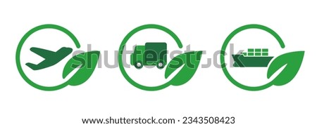Green transport delivery eco logistic plane ship truck leaves symbol icon environment friendly