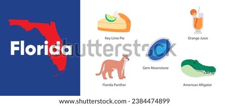 Florida states with symbol icon of orange juice moonstone key lime pie panther alligator illustration