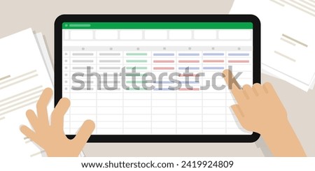 spreadsheet screen in tablet hand do accounting counting number office work financial calculation