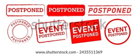 postponed square and circle red stamp label sticker sign event delay canceled rescheduled