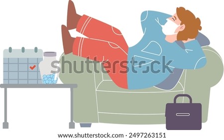 sick leave man lay in sofa get sick ill fell unwell disease unwell diagnostic immune medicine pharmacy fever quarantine stay at home time off