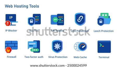 Web hosting tools icon set service from SSL IP blocker firewall API tokens web cache two factor authentication security tools blue element design