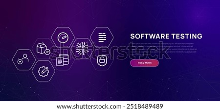 Software testing vibrant purple background with icons concept of coding review and user acceptance test code efficiency performance speed and compatibility 