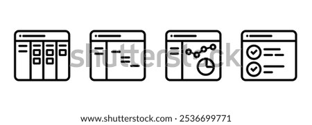 Project management software icon set stroke outline illustration symbol of kanban board gantt chart layout interface 