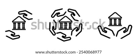 hand take care government building court museum library logo icon set collection line stroke design symbol of politics institution historic landmark community support