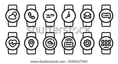 smart watch icon set line round interface set collection from call clock heart rate step monitor wireless payment app symbol