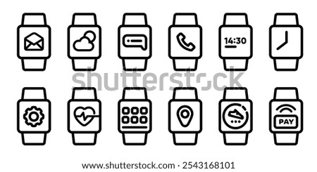 smart watch device wearables icon set line round phone time heart rate step monitor payment symbol interface set collection