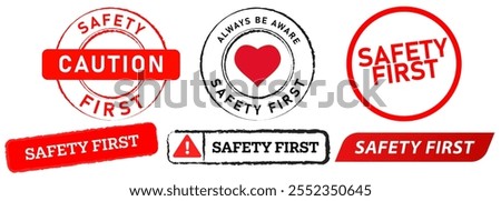 Safety first construction safe danger protection sign caution risk alert warning stamp red black badges sticker label banner emblem design icon set collection