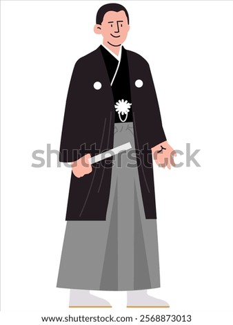 Black Montsuki Sendaihira Haori Hakama Japanese traditional dress uniform Japan tradition attire cultural heritage clothes Sensu fan colorful design