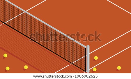 Illustration of brick red color tennis court and tennis balls around on a sunny day. With copy space.