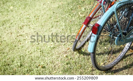 Two bikes on the grass: horizontal photo format, copy space on the left.