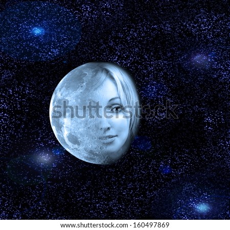 The moon transfers in a face of the beautiful woman in the night sky