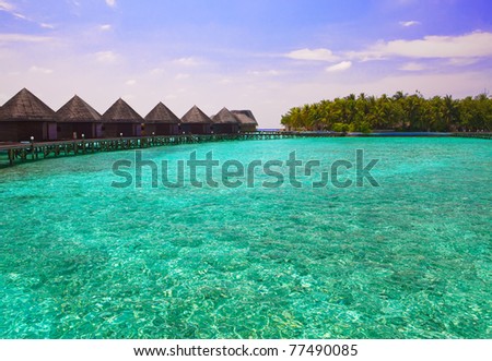 Maldives. Island in ocean and  overwater villas