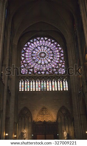 PARIS, FRANCE - MARCH 14, 2012: The North Rose window at Notre Dame cathedral on  March 14, 2012 in  Paris, France