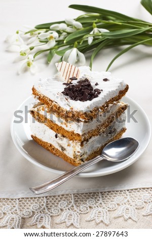 big tasty piece of cake in the white saucer with flowers and spoon