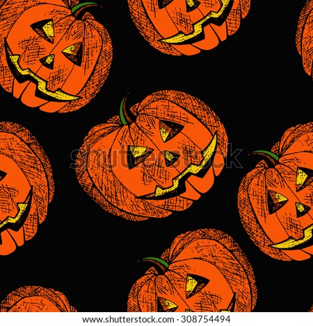 Vector seamless holiday Halloween pattern with hand-drawn pumpkin