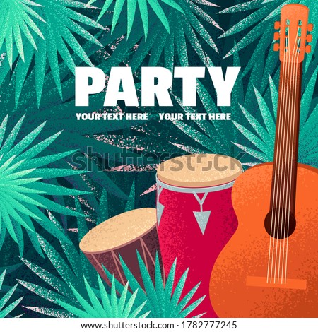 Guitar, percussion and conga drums, palm leaves vertical template. Tropical party background. Retro vector illustration. Design for invitation, poster, card, flyer, banner. Place your text