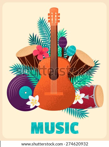 Guitar with percussion and conga drums, maracas, vinyl record, palm leaves and tropical flowers. Concept for beach party, ethnic music or open air festival. Poster, card, flyer or invitation