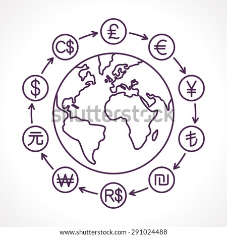 Globe with money cycle symbol. Various currencies signs. Banking, international trading, money exchange, financial system concept. Line vector illustration