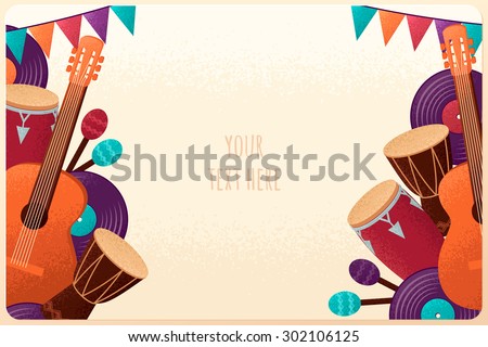Template with guitar, percussion and conga drums, maracas, vinyl records and flags. Design for card, flyer, banner, poster or invitation. Place for your text