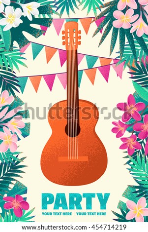 Guitar with frangipani (plumeria) flowers, palm leaves and flag. Design for tropical beach party, open air festival, hippie or ethnic music concert. Poster, invitation, flyer. Place for your text