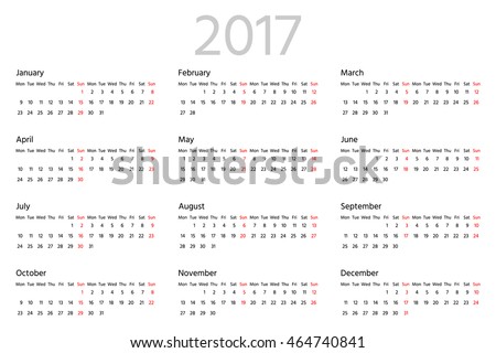 Simple calendar for 2017 year. Two weeks line. Week starts from Monday. Sans serif font, white background