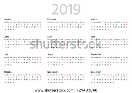 Simple calendar for 2019 year. Two weeks horizontal line. Week starts from Monday. Sans serif font, white background