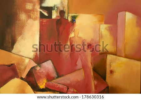 Modern acrylic painting with three abstract human figures