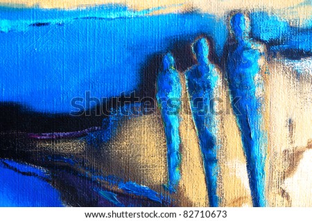 Abstract modern painting of three human figures standing in an abstract landscape