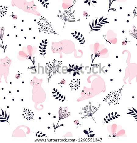 Cute cat with flowers pattern design for kids fashion artworks, children books, wallpapers.