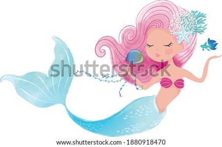 Cute mermaid illustration, children artworks, wallpapers, posters, greeting cards prints. 