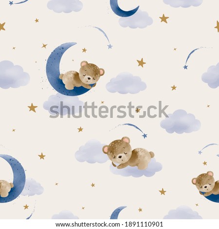 Cute little teddy bear sleeping on the moon seamless pattern design, vector illustration, kids fashion artworks, baby graphics for wallpapers and prints.
