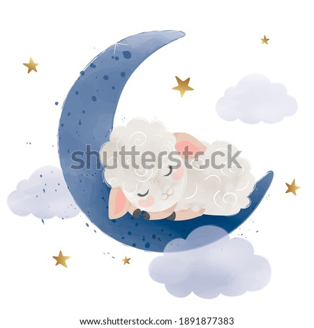 Cute little sheep sleeping on the moon, vector illustration, kids fashion artworks, baby graphics for wallpapers and prints.