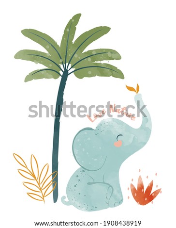 Cute baby elephant nursery animal isolated illustration for children. Bohemian watercolor boho forest elephant drawing, vector illustration. Perfect for nursery posters, patterns, wallpapers.