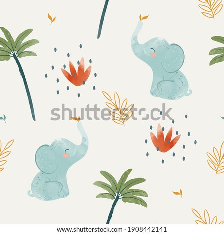 Cute baby elephant seamless pattern illustration for children. Bohemian watercolor boho forest elephant drawing, vector illustration. Perfect for nursery posters, patterns, wallpapers.