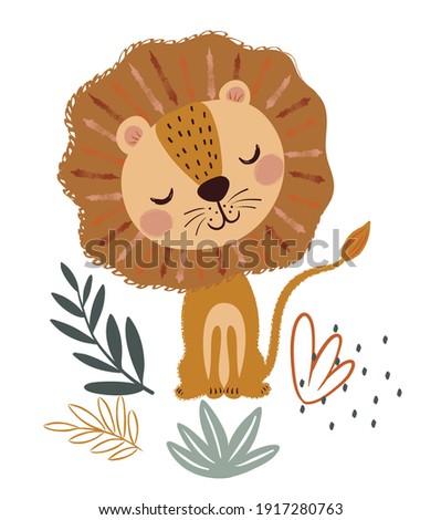 Wildlife animals. Cute lion with simple greens vector illustration. Jungle life clipart vector design.