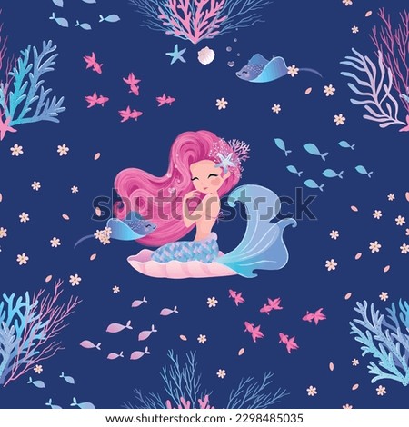 Cute mermaid with little fishes, pattern for kids fashion artwork, children books, paper, prints, greeting cards, wallpapers.