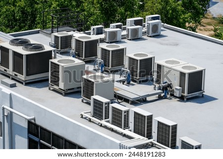 Similar – Image, Stock Photo Air Condition Ventilation System Green Grass Ecology. Building Roof. Industrial Air system of ventilation and Air conditioning. Aerial Shot.