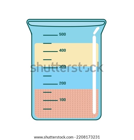 Graduated measuring cup containing sand, water and oil that do not mix. Vector illustration isolated on white background