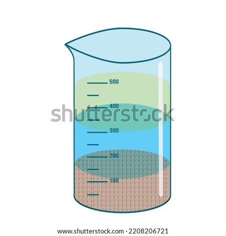 Graduated measuring cup containing oil, water and sand that do not mix. Vector illustration isolated on white background.