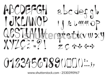 Upper and lower case letters, numbers and symbols in a single font. Isolated on white background.