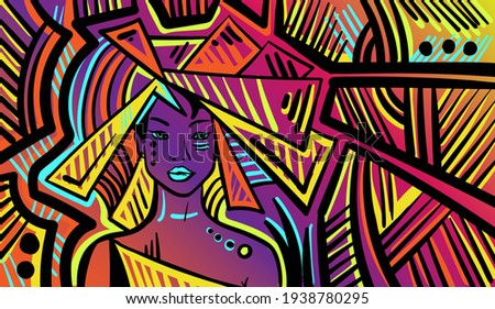 Colourful psychedelic line art with the abstract woman. Doodles and lines abstract hand-drawn vector art illustration.