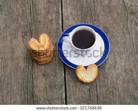 still life of coffee and linking of cookies, top view, subject food and drinks