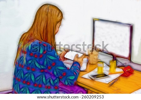 painting art women play mobile game in office in break time.